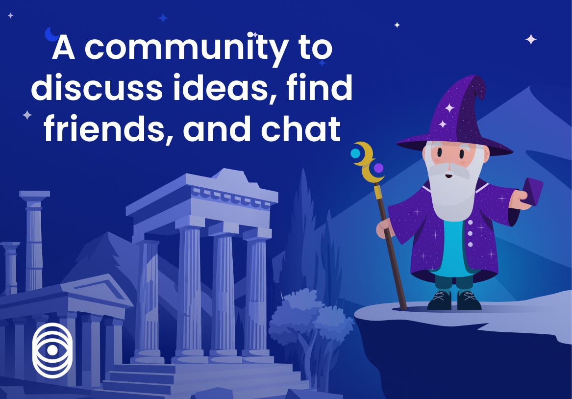 Illustration of the wizard mascot beside classical columns, with the line a community to discuss ideas, find friends and chat.
