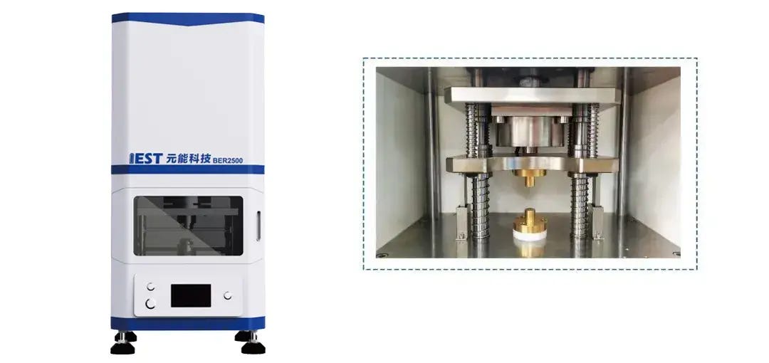 IEST BER2500 Electrode Resistance Analyzer: (a) appearance; (b) structural diagram — 14mm diameter probe, 5 to 60 MPa pressure range, simultaneously measures electrode resistance, resistivity, conductivity, thickness, and compaction density for electrode compression testing