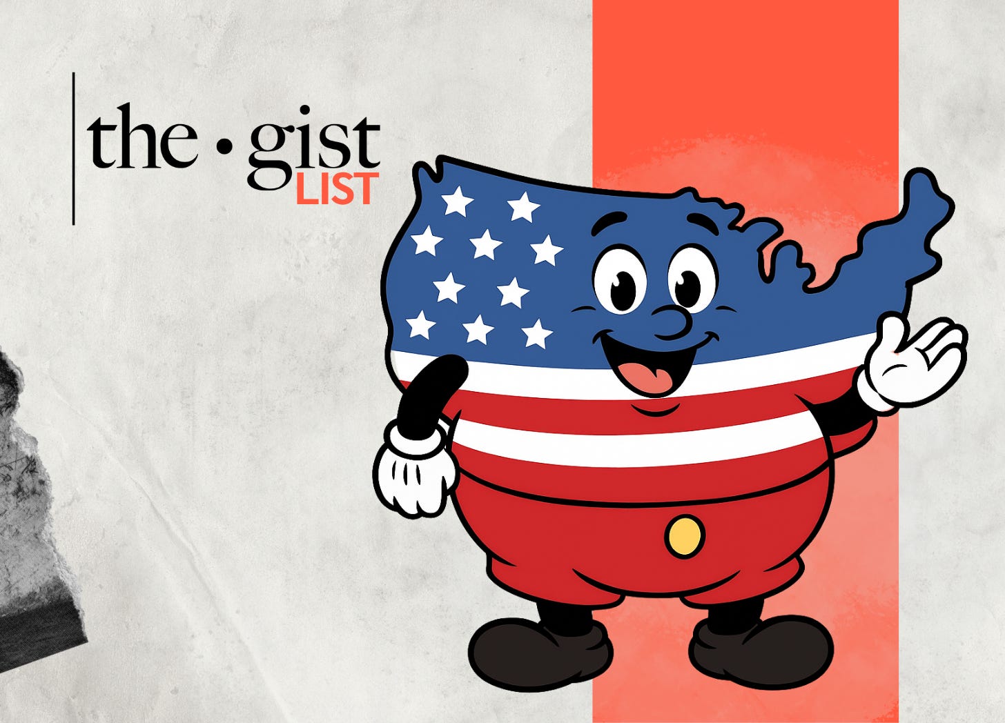 A smiling, pudgy cartoon map of the United States wearing tight trousers and Mickey-Mouse gloves, representing America’s struggle to slim down amid rising GLP-1 use.