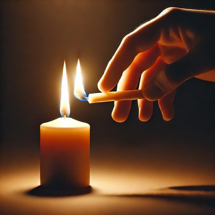 A candle lighting another, focusing on the symbolism of generosity and sharing through the transfer of light