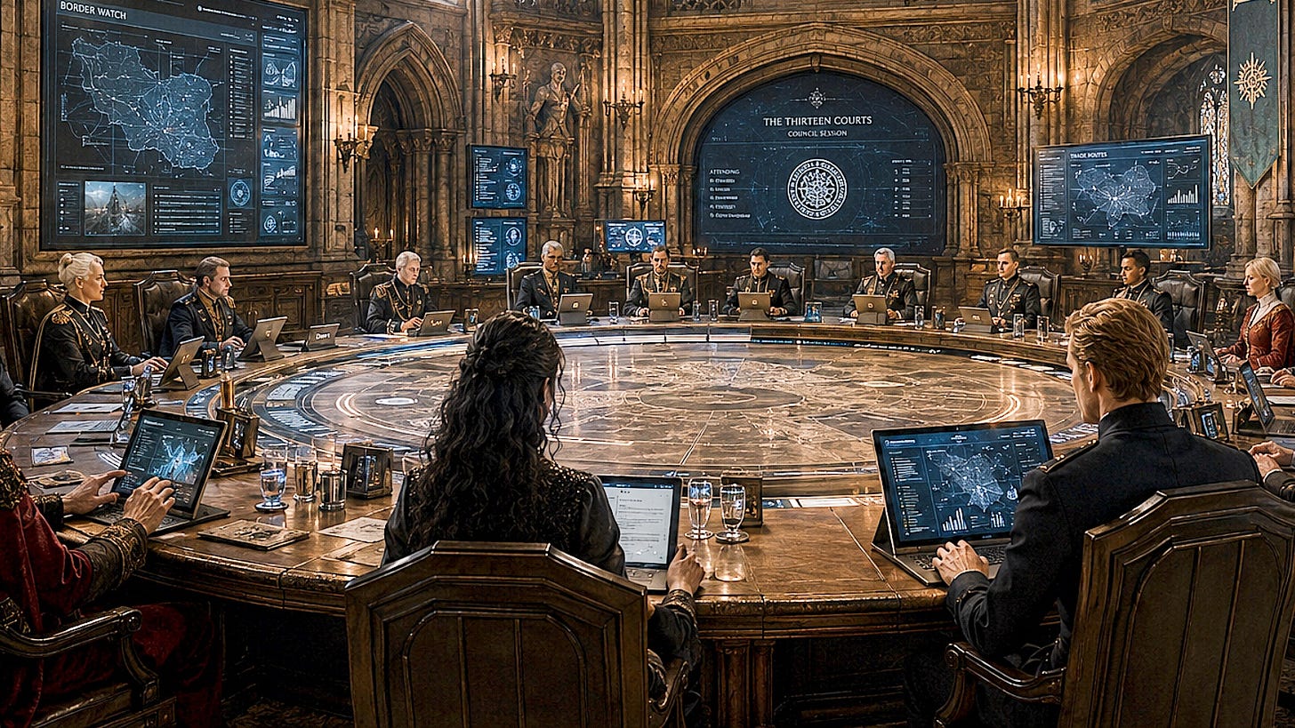 An enormous circular council chamber combines ancient gothic architecture with modern technology. High vaulted stone ceilings, stained glass windows, carved arches, banners, and candlelit walls surround a massive round table where military and political leaders sit with laptops and tablets open before them. Large digital strategy screens displaying maps, reports, and council data glow against the medieval stonework as delegates from the Thirteen Courts prepare for session. An enormous circular council chamber combines ancient gothic architecture with modern technology. High vaulted stone ceilings, stained glass windows, carved arches, banners, and candlelit walls surround a massive round table where military and political leaders sit with laptops and tablets open before them. Large digital strategy screens displaying maps, reports, and council data glow against the medieval stonework as delegates from the Thirteen Courts prepare for session.