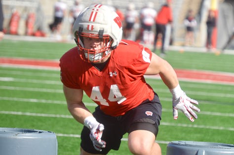 Wisconsin inside linebackers participate in individual position drills during the Badgers' spring football practice Saturday inside Camp Randall Stadium. 