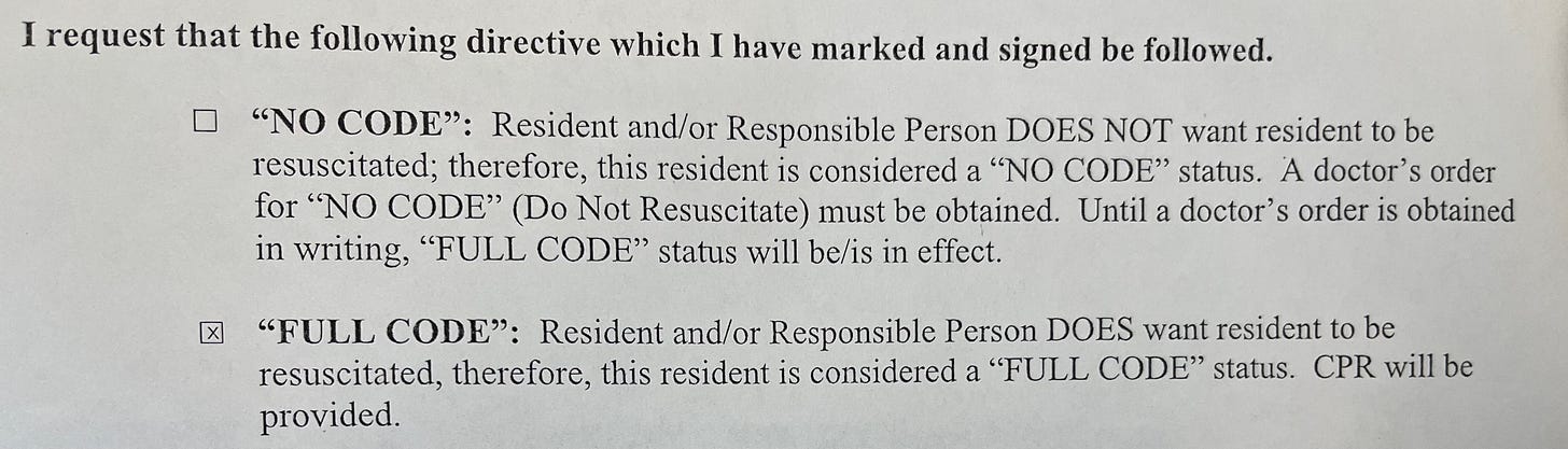 a clipping from a medical document giving definitions of no code (no CPR/heroic measures) and “full code” (yes, I want to be resuscitated)