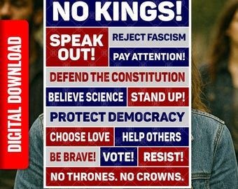 No Kings PRINTABLE SIGN, Anti-Trump Protest Poster, Digital Download, Pro-Democracy Rally March, Defend The Constitution, Speak Out