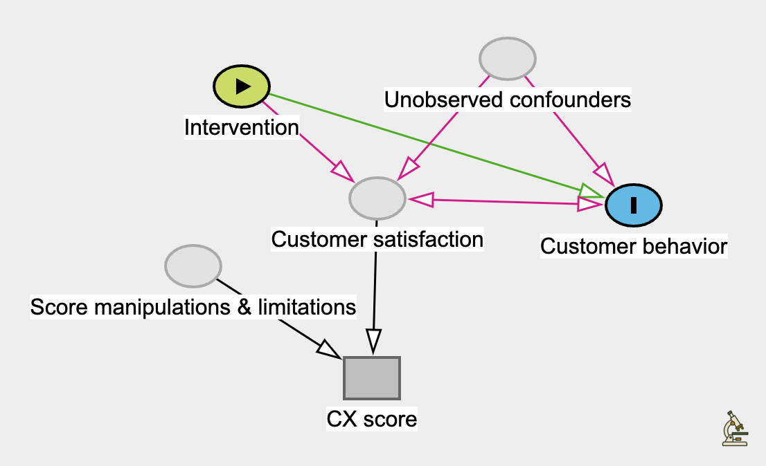Causal diagram: intervention, confounders, and score issues bias the relationship between customer satisfaction (proxied by CX score) and customer behavior.