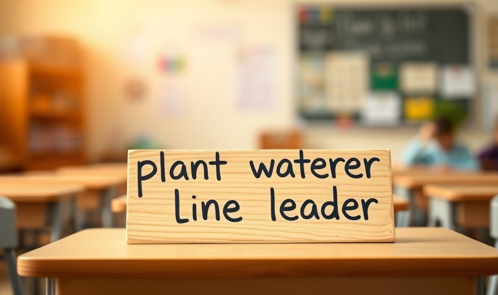 A warm, slightly blurred background of a classroom with a sharp focus on a simple, hand-painted wooden sign on a desk that says "Plant Waterer" or "Line Leader" in a child’s handwriting. A warm, slightly blurred background of a classroom with a sharp focus on a simple, hand-painted wooden sign on a desk that says "Plant Waterer" or "Line Leader" in a child’s handwriting.