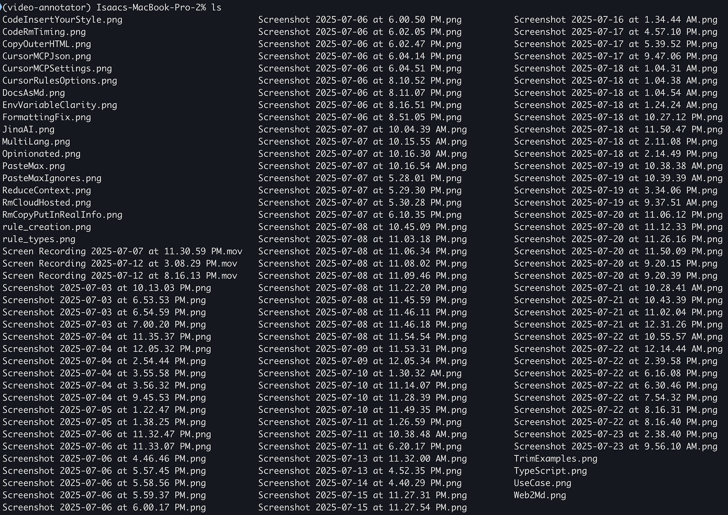 A list of files with generic names like "Screenshot 2025-07-23..." A list of files with generic names like "Screenshot 2025-07-23..."