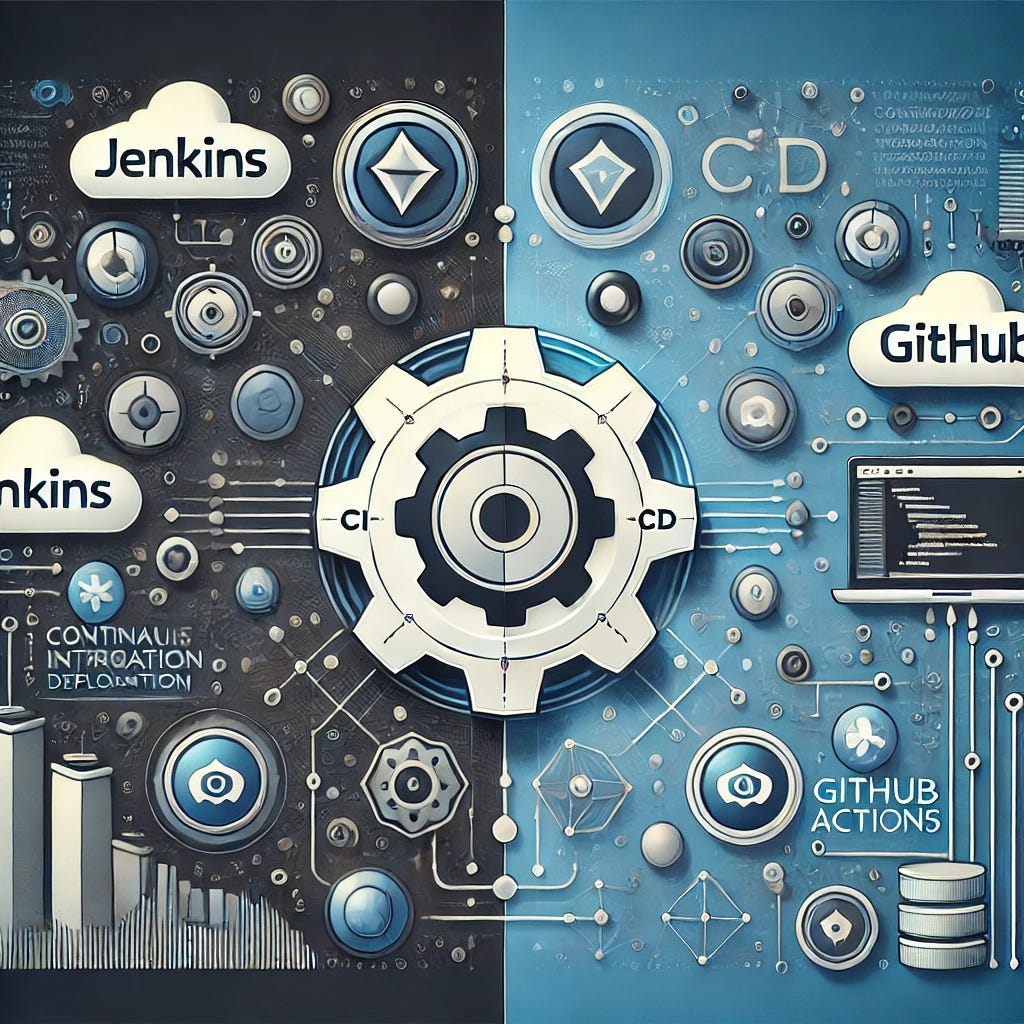 A modern and dynamic title image representing a CI/CD (Continuous Integration/Continuous Deployment) pipeline comparison between Jenkins and GitHub Actions. The image features two distinct sections: one side depicting Jenkins with its iconic gear and pipeline symbols, and the other side showing GitHub Actions with interconnected workflow nodes and the GitHub logo. In the center, a split visual of cloud infrastructure, code repositories, and automated deployments. The color scheme incorporates shades of blue, black, and grey, giving a professional and tech-focused vibe. The background includes subtle cloud elements and digital lines representing automation and deployment processes.