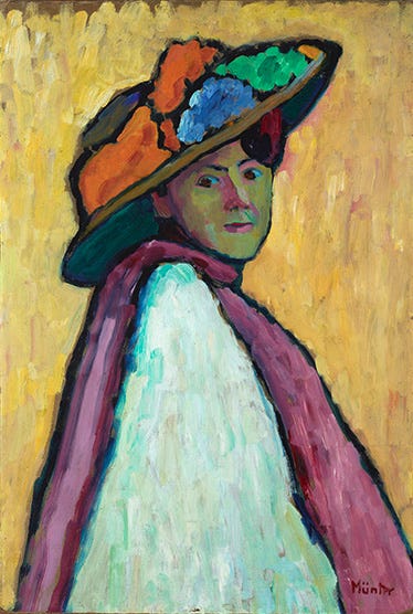 Gabriele Münter, Portrait of Marianne von Werefkin, a woman in a huge flowered hat against a yellow background Gabriele Münter, Portrait of Marianne von Werefkin, a woman in a huge flowered hat against a yellow background