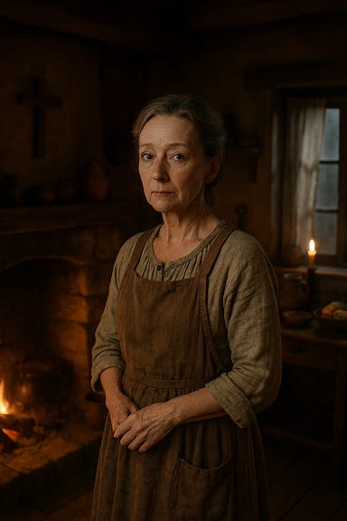 A dark fantasy interior of the Krezkovs' cottage in Barovia. The room is modest and warm, with a stone hearth glowing faintly, wooden beams overhead etched with prayers, and shelves lined with faded toys and cracked icons. Candlelight flickers across rough timber walls. At the center stands Anna Krezkova, portrayed with features reminiscent of actress Lesley Manville: pale, dignified, middle-aged with sharp cheekbones, expressive eyes shadowed by grief, and a quiet strength in her posture. She wears a simple wool dress and apron, dusted with flour and herbs, her hands folded as if bracing against silence. The atmosphere is intimate yet heavy, filled with the weight of loss and resilience. A dark fantasy interior of the Krezkovs' cottage in Barovia. The room is modest and warm, with a stone hearth glowing faintly, wooden beams overhead etched with prayers, and shelves lined with faded toys and cracked icons. Candlelight flickers across rough timber walls. At the center stands Anna Krezkova, portrayed with features reminiscent of actress Lesley Manville: pale, dignified, middle-aged with sharp cheekbones, expressive eyes shadowed by grief, and a quiet strength in her posture. She wears a simple wool dress and apron, dusted with flour and herbs, her hands folded as if bracing against silence. The atmosphere is intimate yet heavy, filled with the weight of loss and resilience.