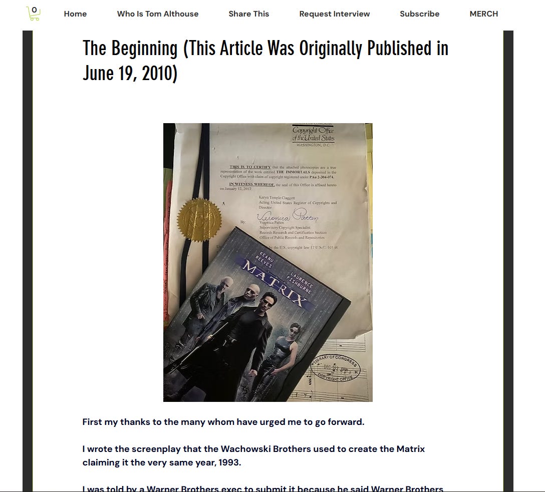 Tom Althouse Wrote a Screenplay Used to Make The Matrix Film Industry Famous And they DARVO'd him