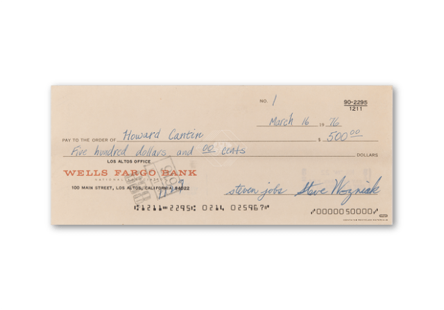 Steve Jobs and Steve Wozniak signed 1976 Apple Computer check No.1 Steve Jobs and Steve Wozniak signed 1976 Apple Computer check No.1