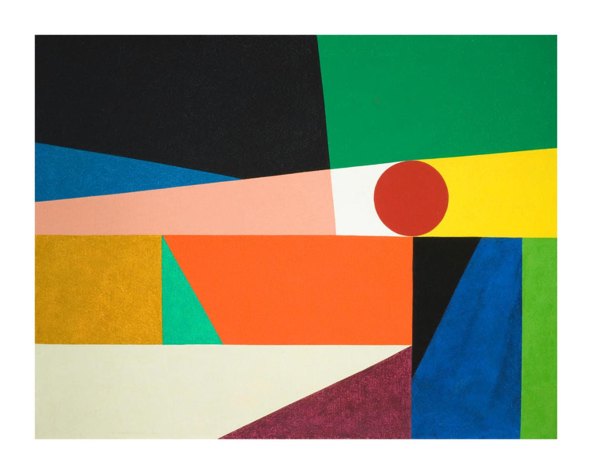 A colorful abstract block image with rectangular and triangular shapes and a circle A colorful abstract block image with rectangular and triangular shapes and a circle