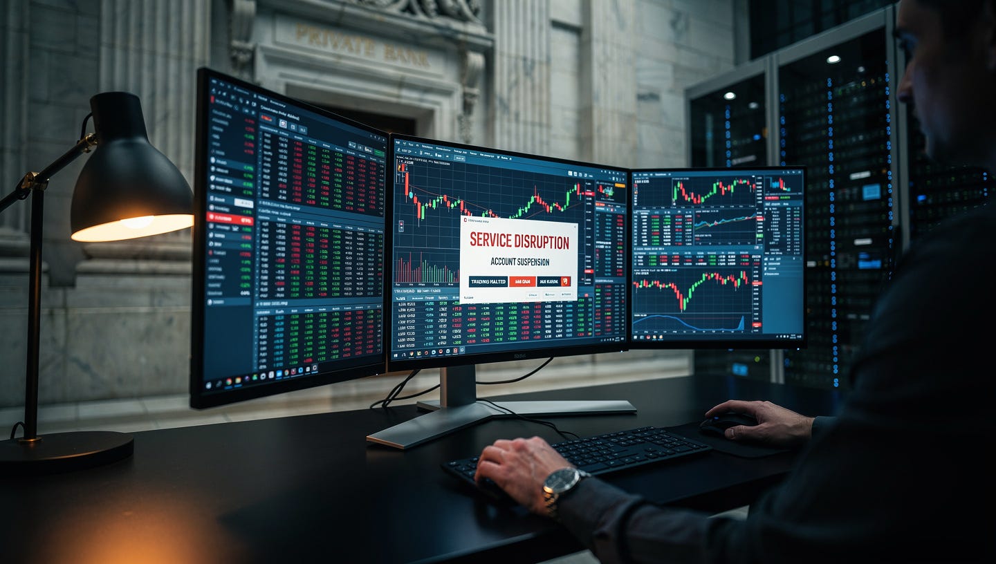 A realistic, cinematic photograph of a sophisticated financial environment. In the foreground, a desk with a multiple-monitor setup displaying complex stock market charts, data streams, and a digital interface showing a "SERVICE DISRUPTION" or "ACCOUNT SUSPENSION" notification in red text. A person's hand rests near a mouse, looking intently at the screens. In the background, slightly blurred, there is a contrasting view of a solid, imposing physical structure, like the facade of a historic bank building made of stone or a highly secure, modern data center server room with blue lights. The lighting is a mix of the cool blue glow from the screens and warm ambient light from a desk lamp. The overall mood is serious, focused, and secure. highly detailed, 8k resolution, photorealistic style. --ar 16:9