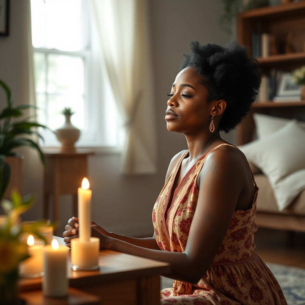 Provide me a realistic image of a young Light-skinned African American woman with tears flowing kneeling at altar in her home Provide me a realistic image of a young Light-skinned African American woman with tears flowing kneeling at altar in her home