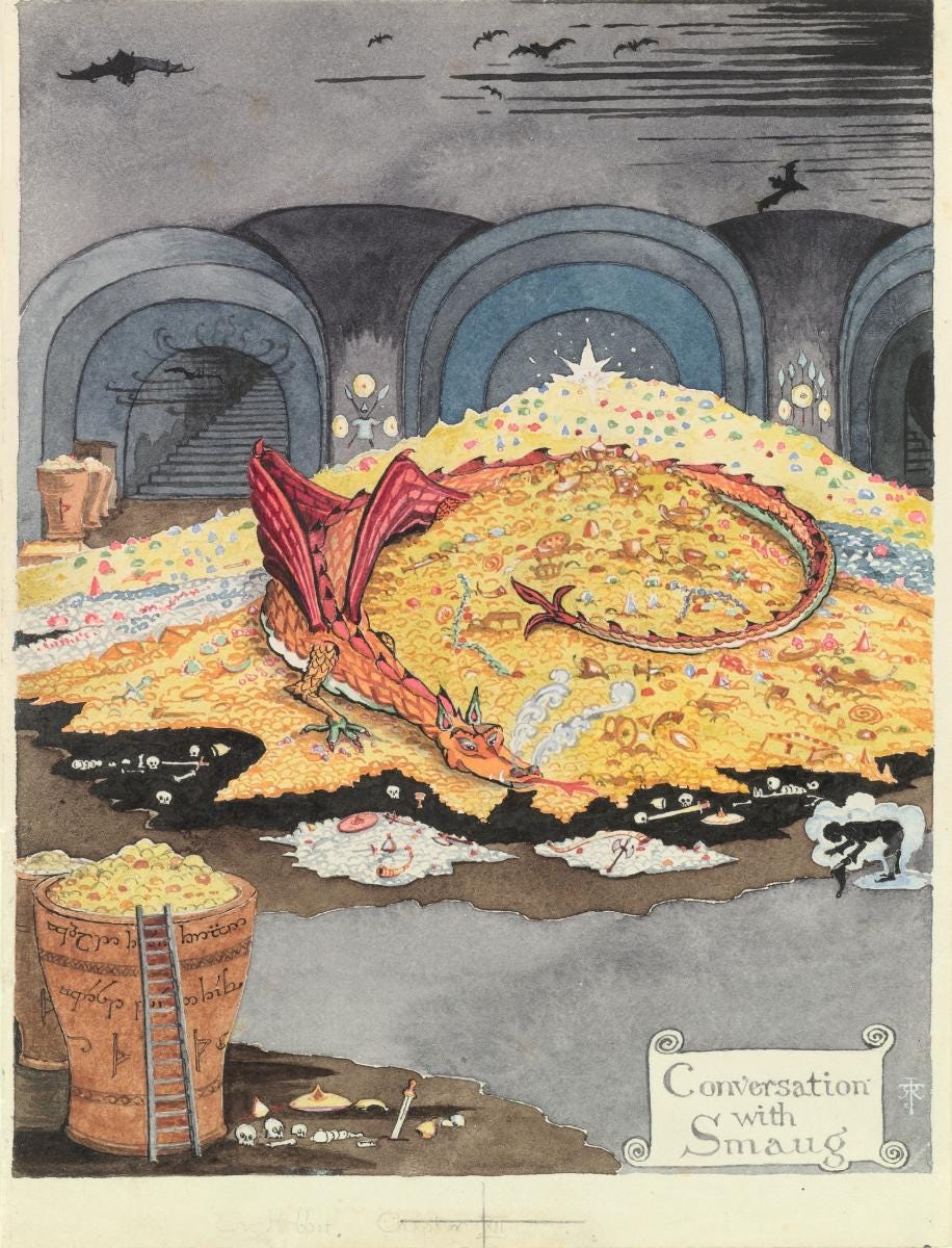 Illustration of Smaug the dragon curled atop a vast hoard of gold, evoking the Four of Pentacles metaphor referenced in Lucy Rose’s Tarot DMs interview when discussing scarcity, guarded resources, creative security, and the tension between financial stability and artistic freedom after the success of The Lamb.