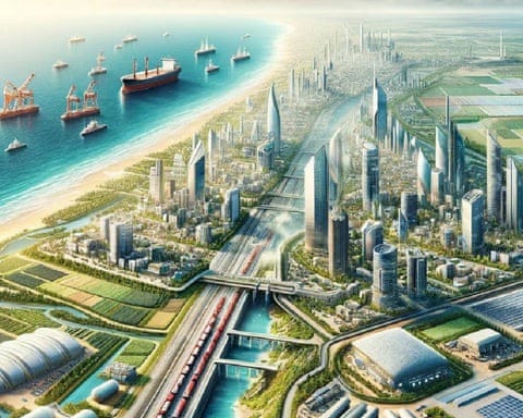 A drawn picture of the proposed 'Gaza Riviera' with tall buildings, waterways and lots of green spaces
