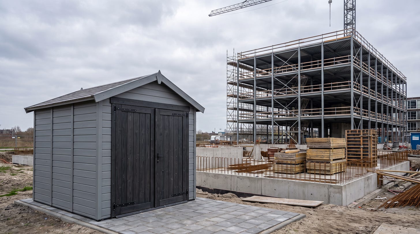 Een kant-en-klaar prefab tuinhuis staat op zijn eigen bestrating naast het half opgetrokken staalskelet van een echt gebouw, met de fundering en het vlechtwerk nog open Een kant-en-klaar prefab tuinhuis staat op zijn eigen bestrating naast het half opgetrokken staalskelet van een echt gebouw, met de fundering en het vlechtwerk nog open