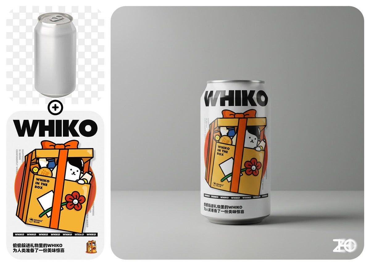 Two images of a WHIKO beverage can. One image shows a flat design layout with the WHIKO logo, a cartoon cat inside a gift box with a red bow, and yellow and orange colors. The second image depicts a 3D-rendered WHIKO can with the same design, placed on a gray surface. A watermark "ZHO" is visible in the bottom right corner.