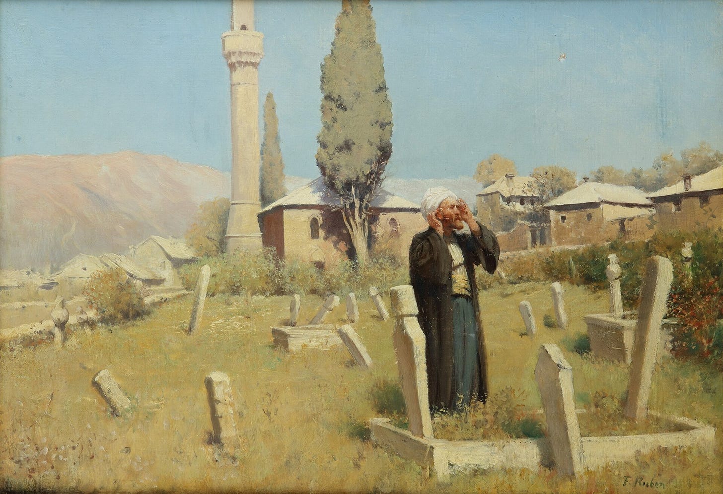 Painting of person in graveyard.