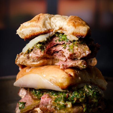Hamburger bowls, Steak bowls, Chimichurri steak sandwiches, Chimichurri steak fries, Flank steak with chimichurri, Fried summer squash, Vegetarian chili, and Chicken nachos with chimichurri.