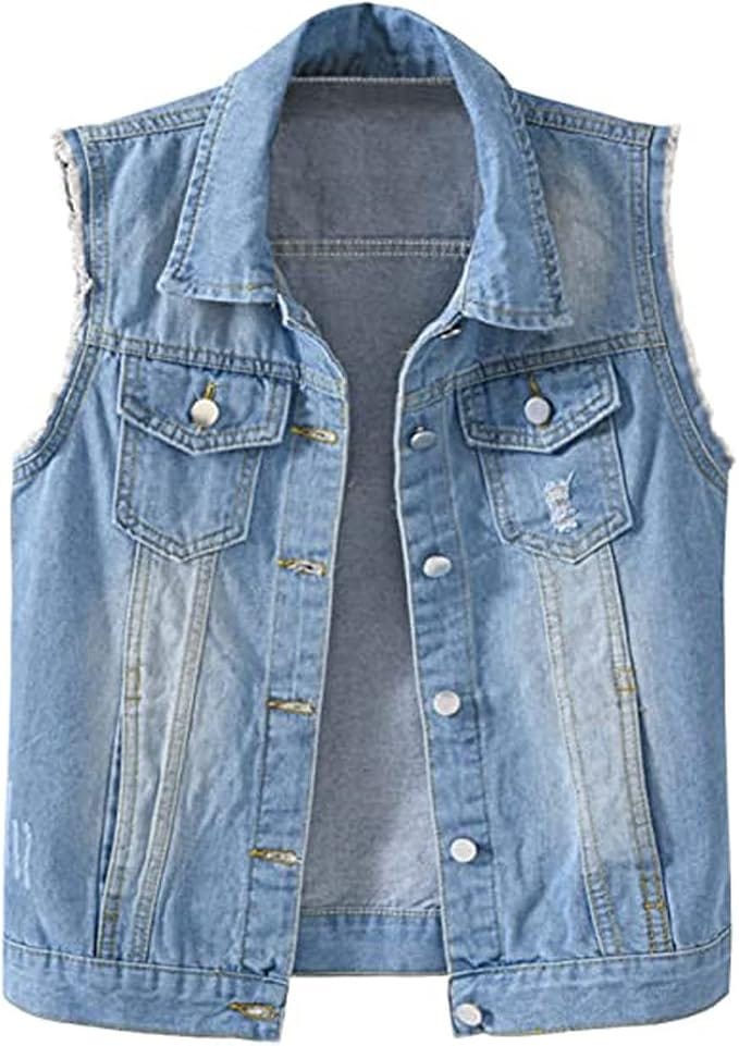 VIEWON Women's Casual Denim Waistcoat Frayed Sleeveless Ripped Jacket Vest with Pockets VIEWON Women's Casual Denim Waistcoat Frayed Sleeveless Ripped Jacket Vest with Pockets