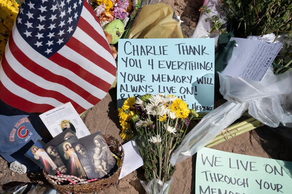 The memorial for Charlie Kirk at the Turning Point Headquarters in Phoenix on Sept. 11, 2025.