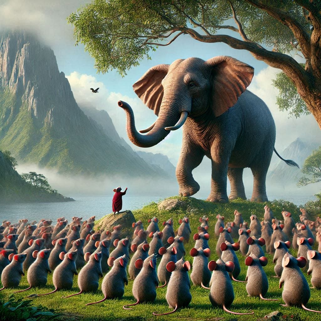 an elephant teaching a class of mice on a hillside photorealistic
