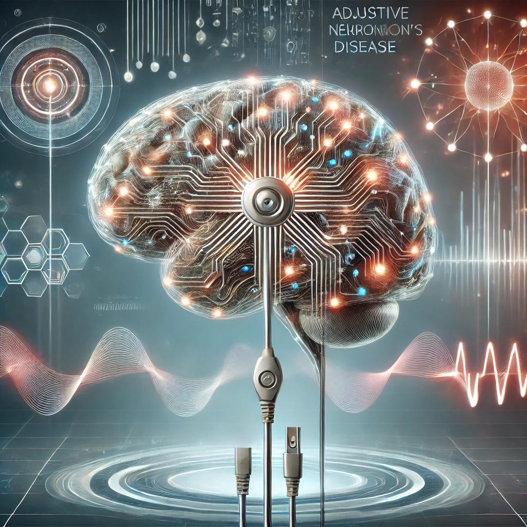 A futuristic medical scene depicting deep brain stimulation for Parkinson's disease. The image shows a stylized brain with neural implants connected to various circuits, symbolizing adaptive neurostimulation. The brain is illuminated with glowing pathways, representing neural activity. Around the brain, abstract elements like waves and signals suggest real-time adjustment of the stimulation. The setting is high-tech and clinical, with a focus on the dynamic nature of the treatment, showing improvement in motor control through visual metaphors like smoother lines and fluid movements. The background is subtle and clean, emphasizing a sense of advanced medical technology.