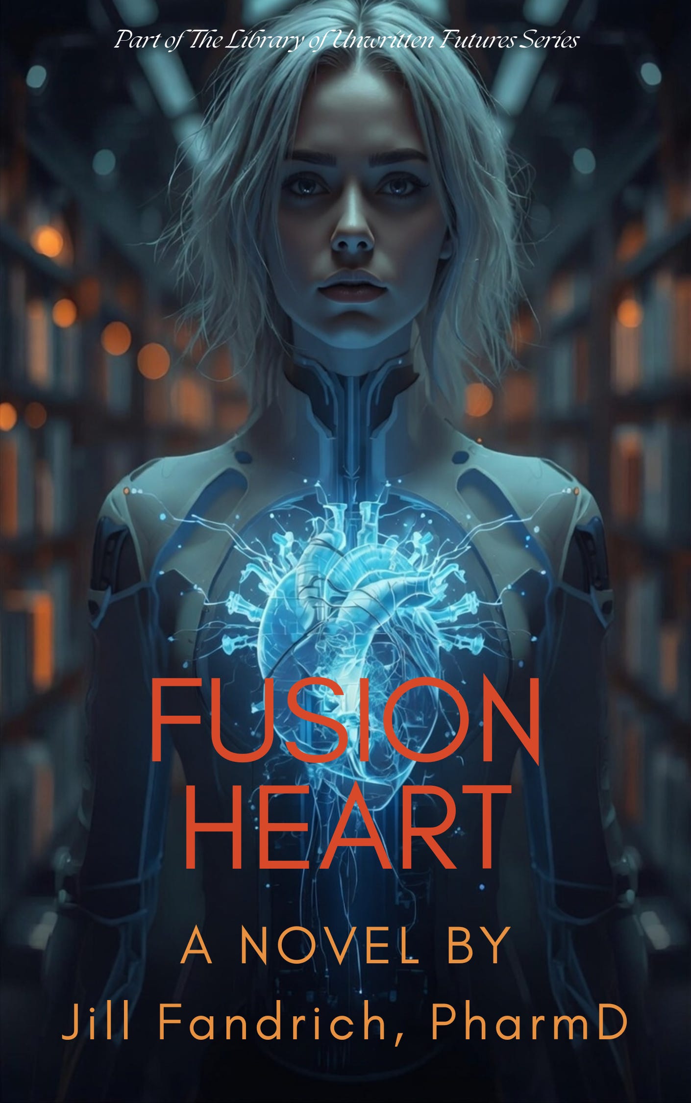 Young woman, almost robotic, with a focused expression, stands motionless, a bright image of a living heart shown as if transparent, with detailed valves and pulsing veins. The background is a blur of shelves in a library, some glowing, some not, part of the storyline for Fusion Heart.