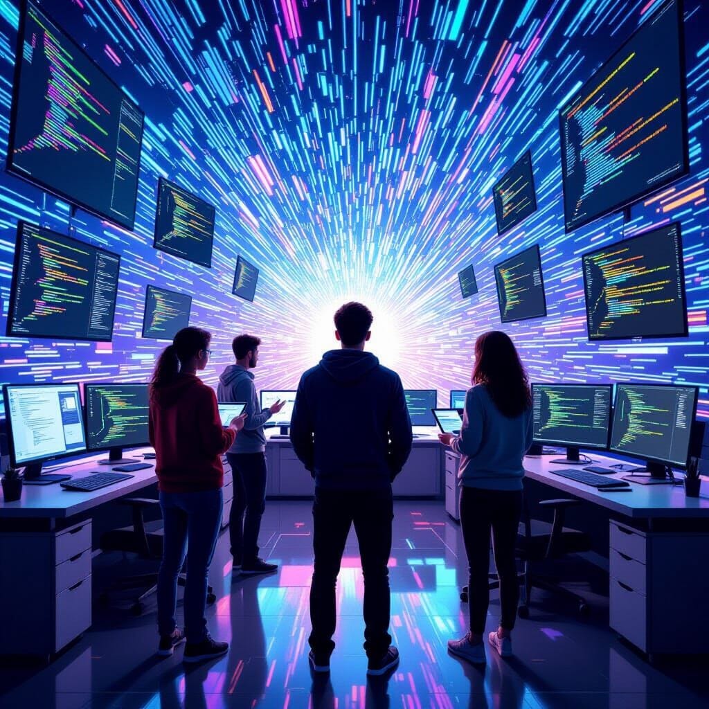 A Truly Cross-Platform Programming Language. A team of Developers, photorealistic,3 men and 3 women. A spectacular, stun...