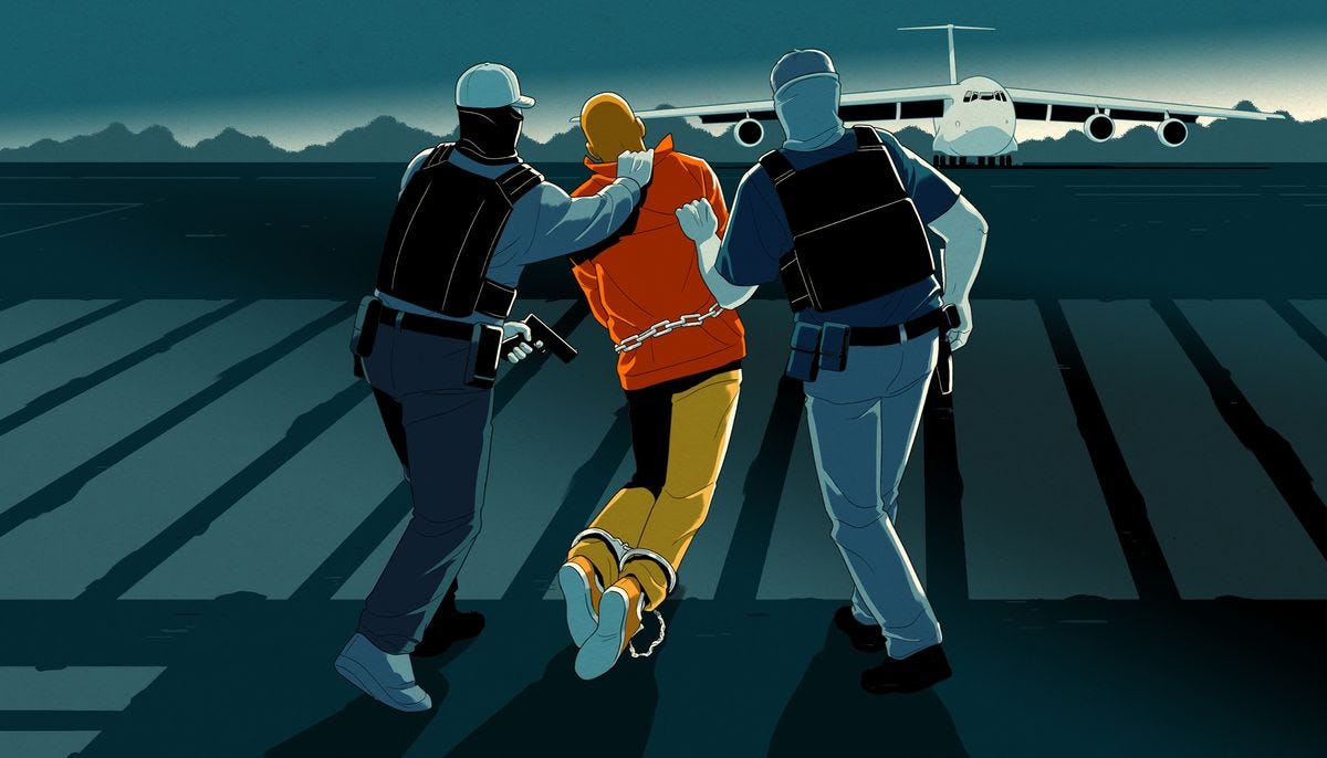 Man restrained and being dragged towards a plane.