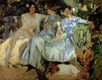 My Wife and Daughters in the Garden by Sorolla Oil Painting by Joaquin Sorolla