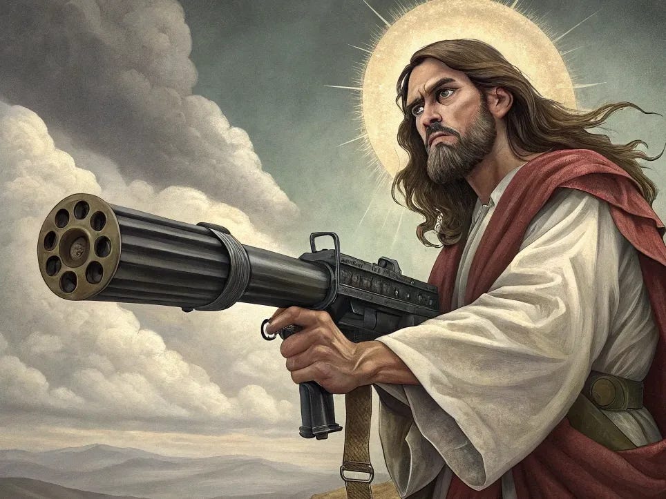 Illustration of Jesus Christ holding a Gatling gun in a rocky landscape under a cloudy sky on Craiyon Illustration of Jesus Christ holding a Gatling gun in a rocky landscape under a cloudy sky on Craiyon