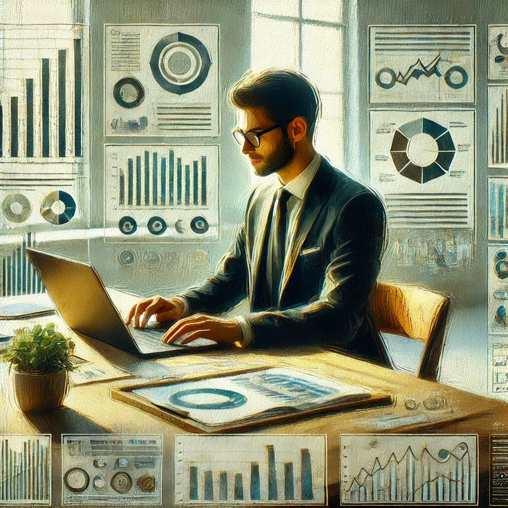 An oil painting-style image of a professional person in a modern office environment using data to make strategic decisions. The person is seated at a desk, analyzing charts, graphs, and reports on a laptop or multiple screens. The scene conveys focus and intelligence, with touches of green (#00d87b) in the person's attire, digital visuals, or office decor. The background is clean and white, emphasizing a data-driven, analytical, and decision-making atmosphere.