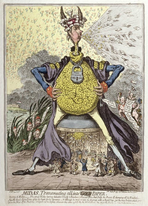 Gillray's Midas Transmuting All into Gold Paper, published by Hannah Humphrey in 1797 (hand-coloured etching). Courtesy of the Warden and Scholars of New College, Oxford Gillray's Midas Transmuting All into Gold Paper, published by Hannah Humphrey in 1797 (hand-coloured etching). Courtesy of the Warden and Scholars of New College, Oxford