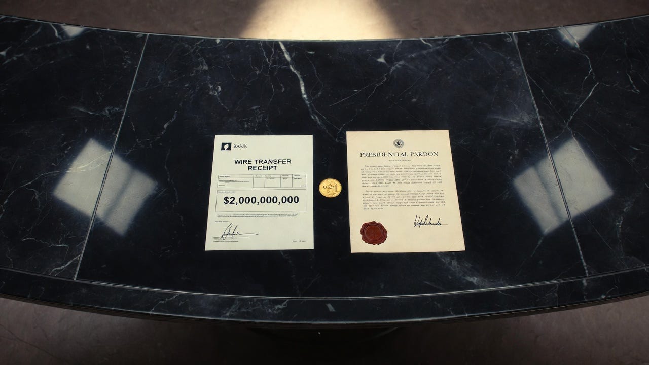 A $2,000,000,000 bank wire transfer receipt and a wax-sealed Presidential Pardon document sit side by side on a dark marble table with a gold coin between them, implying a direct exchange between a massive financial penalty and a government pardon A $2,000,000,000 bank wire transfer receipt and a wax-sealed Presidential Pardon document sit side by side on a dark marble table with a gold coin between them, implying a direct exchange between a massive financial penalty and a government pardon