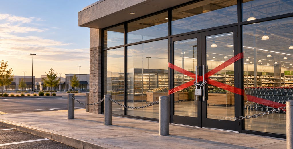 Image actuelle : Entrée d’un supermarché fermée par des chaînes et un ruban rouge, illustrant les barrières à la concurrence dans le secteur de l’épicerie.