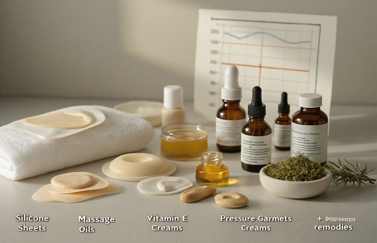 Create a realistic image of various scar minimization methods displayed on a clean, clinical surface, including silicone sheets, massage oils, vitamin E creams, pressure garments, and herbal remedies, with a subtle C-section scar healing chart in the background showing progressive improvement, under soft, natural lighting that highlights the texture of each product. Create a realistic image of various scar minimization methods displayed on a clean, clinical surface, including silicone sheets, massage oils, vitamin E creams, pressure garments, and herbal remedies, with a subtle C-section scar healing chart in the background showing progressive improvement, under soft, natural lighting that highlights the texture of each product.