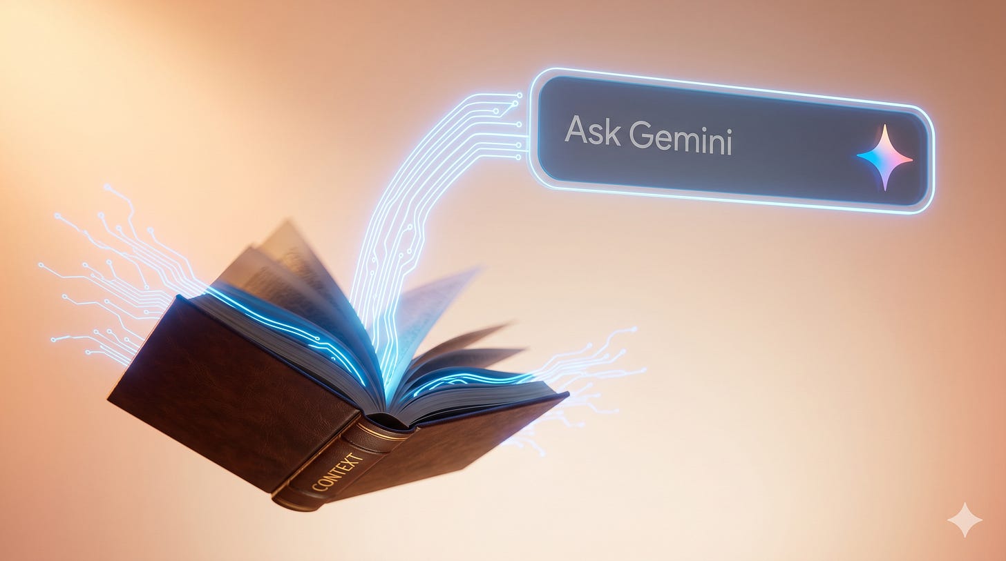 Hardcover book labeled CONTEXT with electric blue circuit traces flowing from its pages — context engineering | Leadership in Change by Joel Salinas