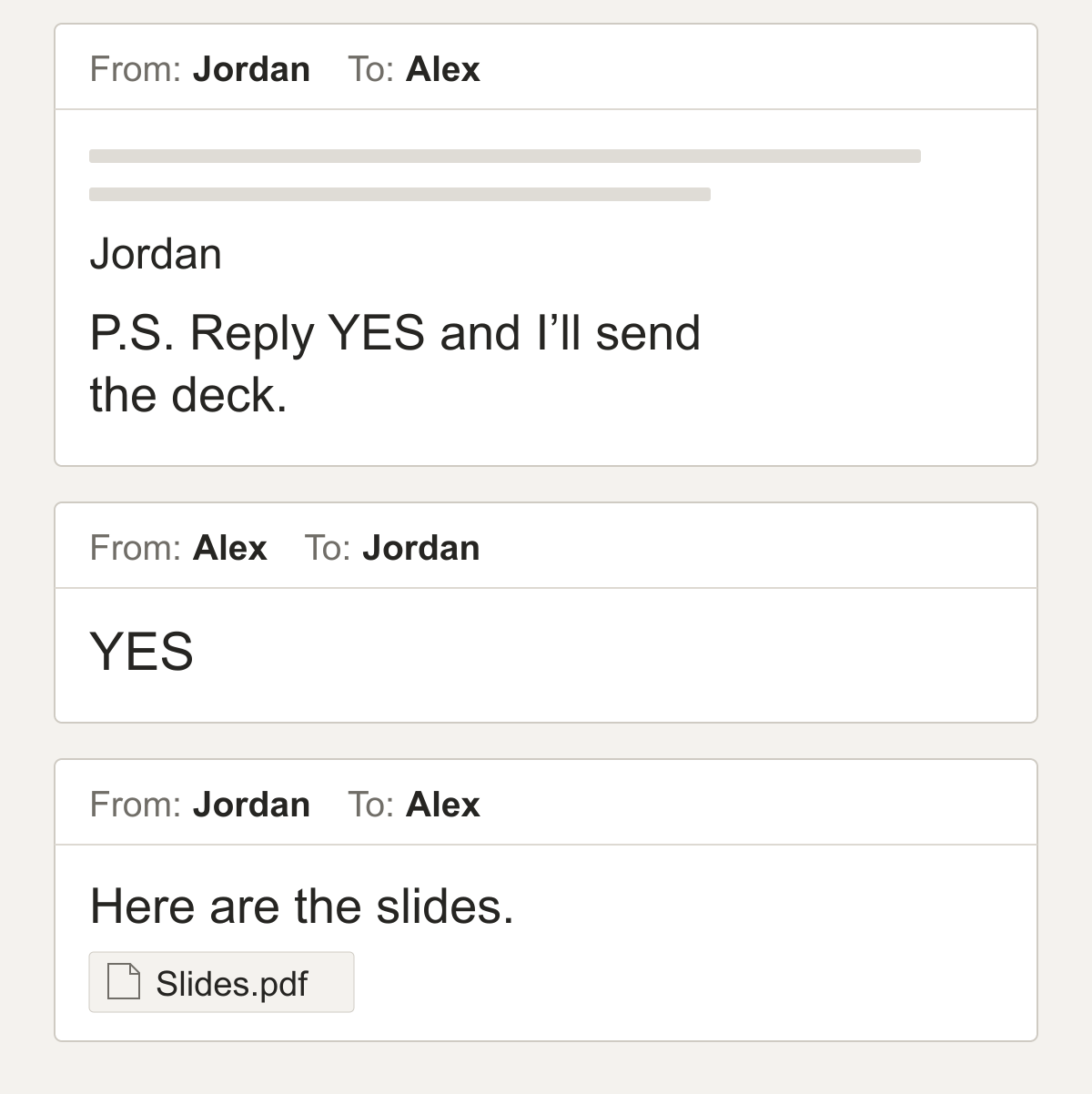 Three opened emails: a salesperson offers slides in a P.S. after the signature, the prospect replies YES, and the salesperson sends Slides.pdf.