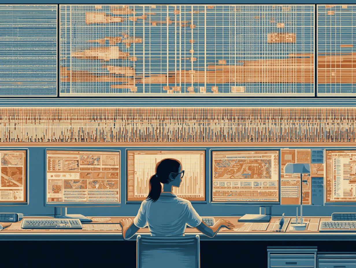 A woman sits at a sprawling computer terminal overseeing multiple AI agents.