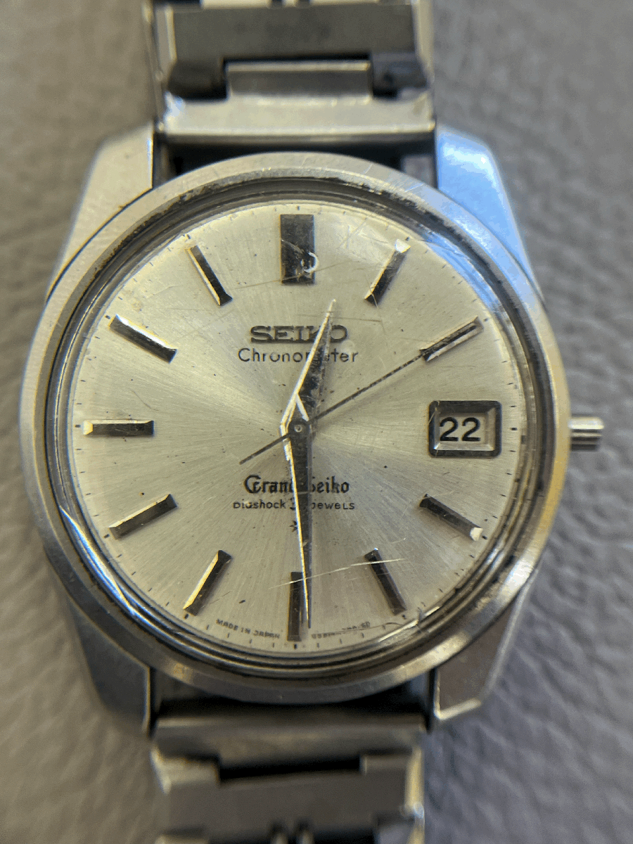 1円スタート グランドセイコー GS Grand SEIKO 自動巻 クロノメーター デイト リューズ取れ プラスチック風防 ジャンク 現状品 ベルト社外