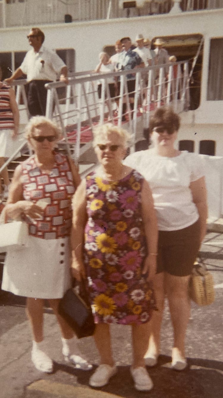 Grandma (center) and Aunt Bertie (left) on cruise to Barbados with Elsie (daughter of their friend) in the late 1970s. Grandma (center) and Aunt Bertie (left) on cruise to Barbados with Elsie (daughter of their friend) in the late 1970s.