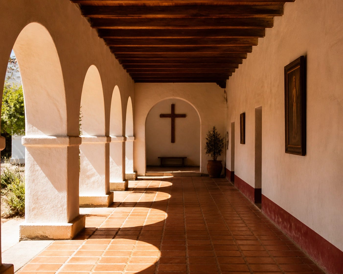Sunlit corridor of a historic Spanish mission with adobe arches and a cross, marking America's Catholic heritage. Sunlit corridor of a historic Spanish mission with adobe arches and a cross, marking America's Catholic heritage.
