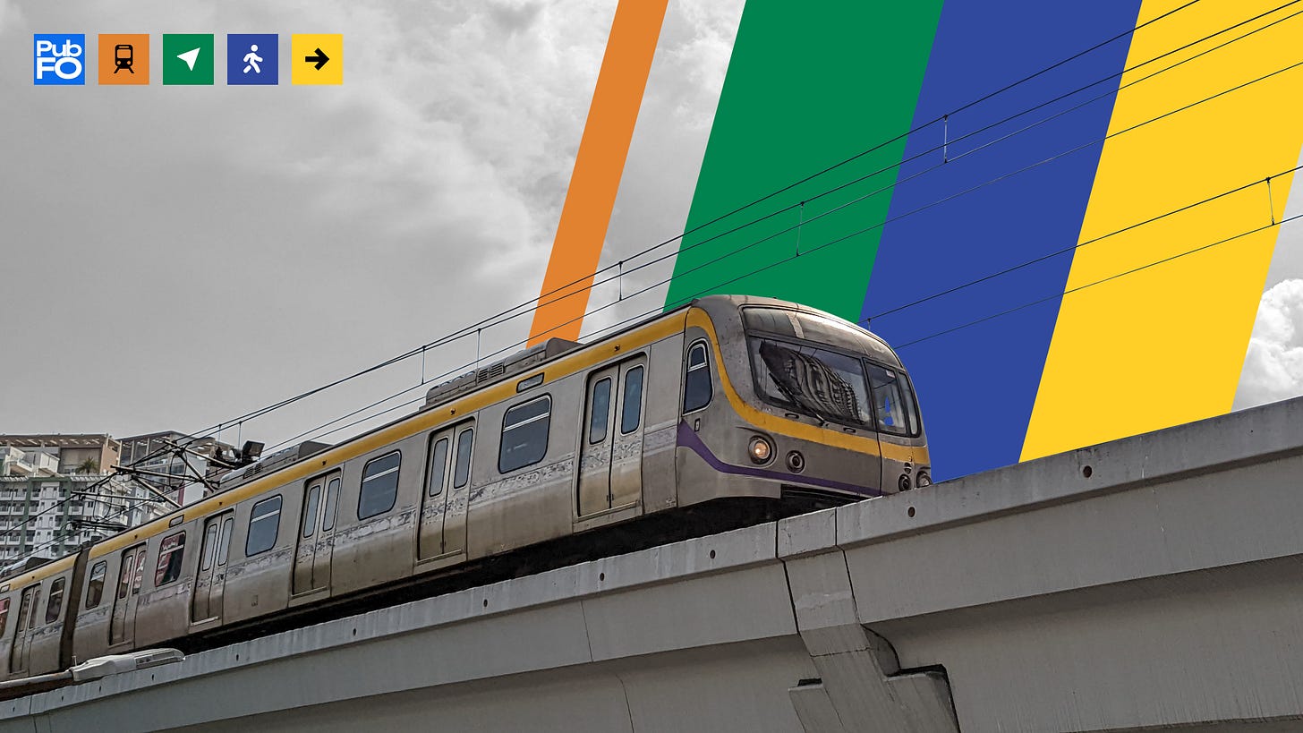Article thumbnail: An LRTA Line 2 train travelling on a viaduct with orange, green, blue, and yellow diagonal lines just behind it