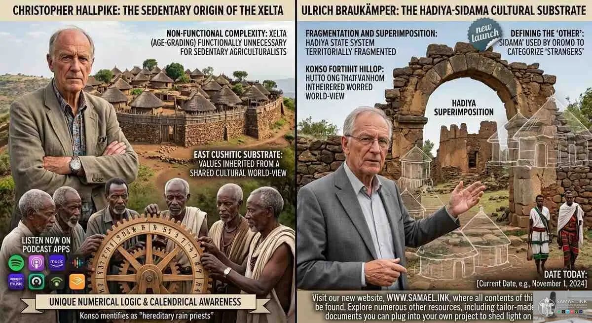 A split-screen educational graphic comparing the anthropological work of Christopher Hallpike and Ulrich Braukämper on Ethiopian cultural origins. On the left, a Caucasian anthropologist in a tan suit stands before a fortified Konso hilltop village; below him, a group of Konso elders operate a large, wooden gear-driven wheel representing their unique numerical and calendrical system. On the right, another scholar in a grey suit gestures toward a massive, crumbling stone archway of the Hadiya state, with white architectural outlines of Galla-style huts superimposed over the ruins to symbolize identity shifts and territorial fragmentation. Both sides include detailed text labels and a watermark at the bottom.