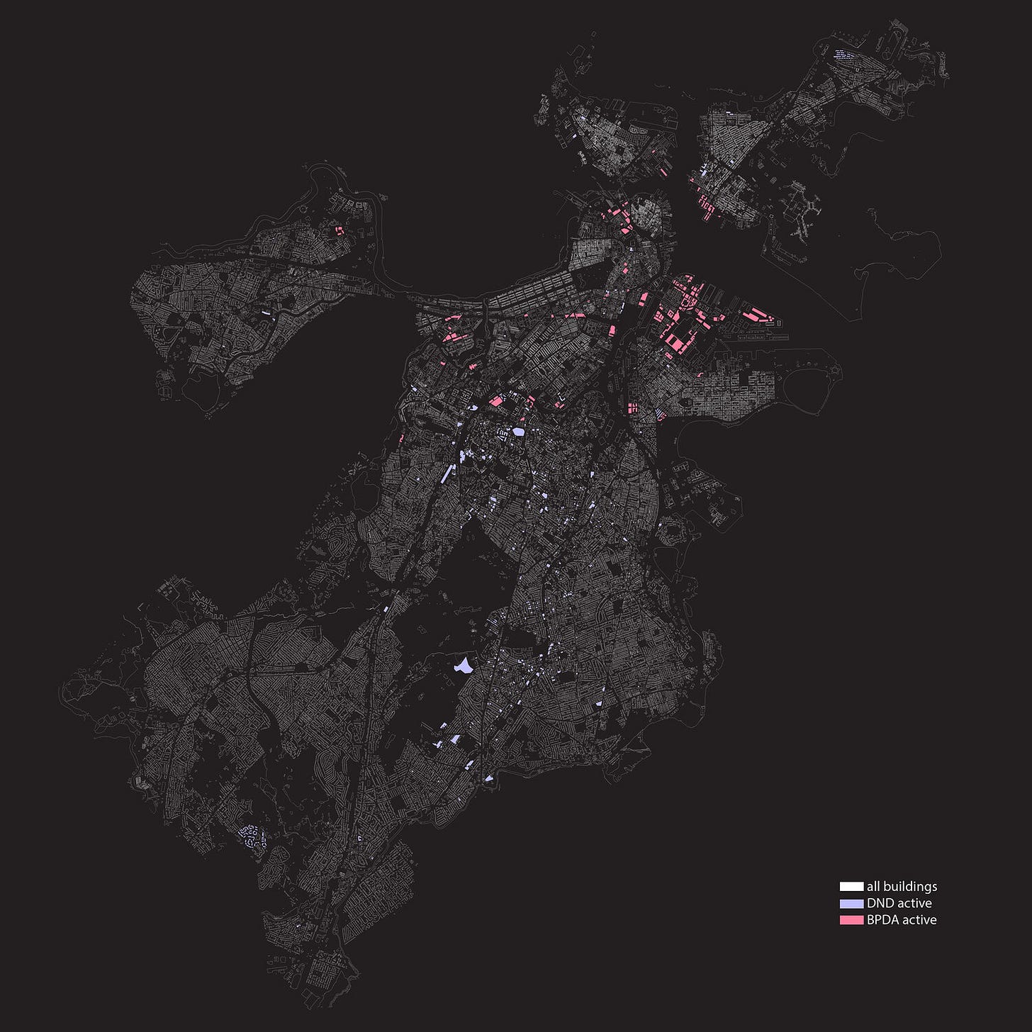 Figure 1. In this map, MIT workshop participant Julian Geltman reveals the distribution of publicly owned properties in Boston in 2020 as a possible basis for the promotion of nonprofit cooperative housing. The land and its disposition are managed either by the Department of Neighborhood Development (DND) or the Boston Planning and Development Agency (BPDA). Data courtesy  DND  and  BDPA . Courtesy of Julian Geltman.