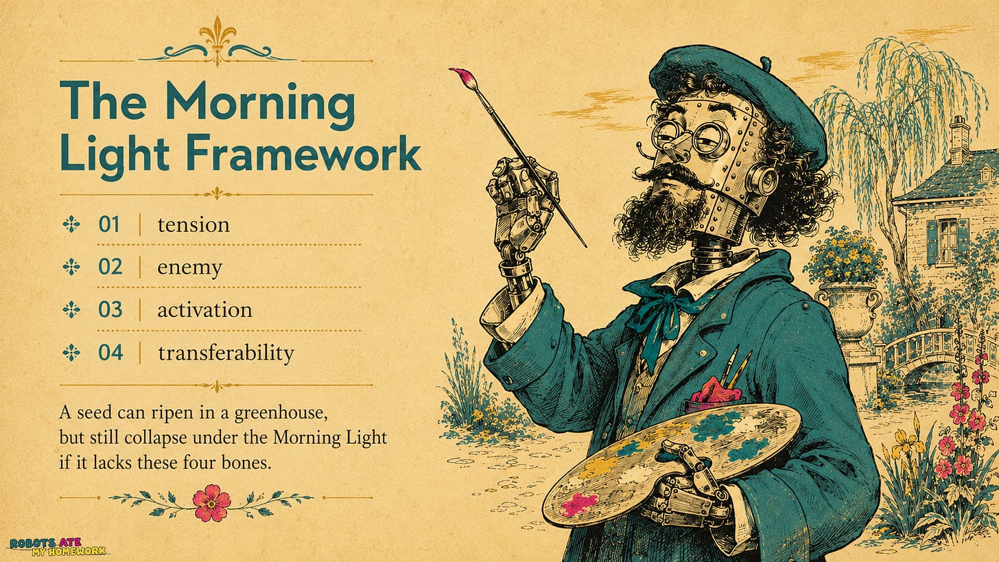 The Morning Light Framework - How to deliberately push a good idea past "interesting" with AI The Morning Light Framework - How to deliberately push a good idea past "interesting" with AI