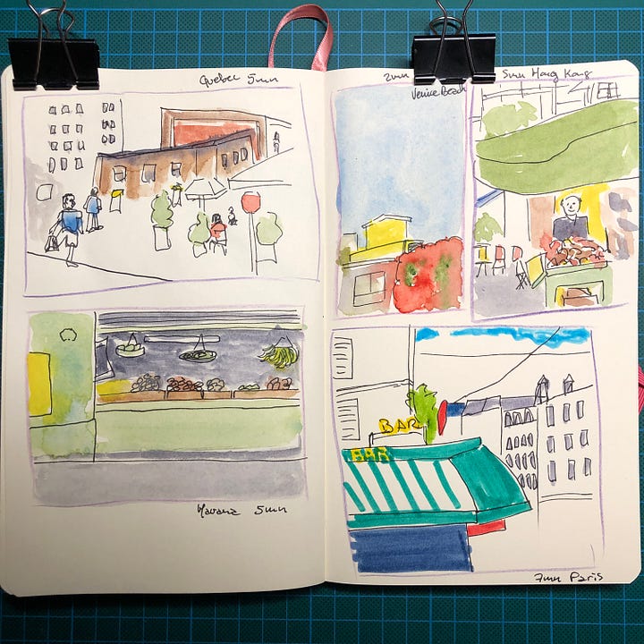 Photos des deux doubles-pages de mon sketchbook où l’on voit les 8 scènes urbaines que j’ai dessinées.